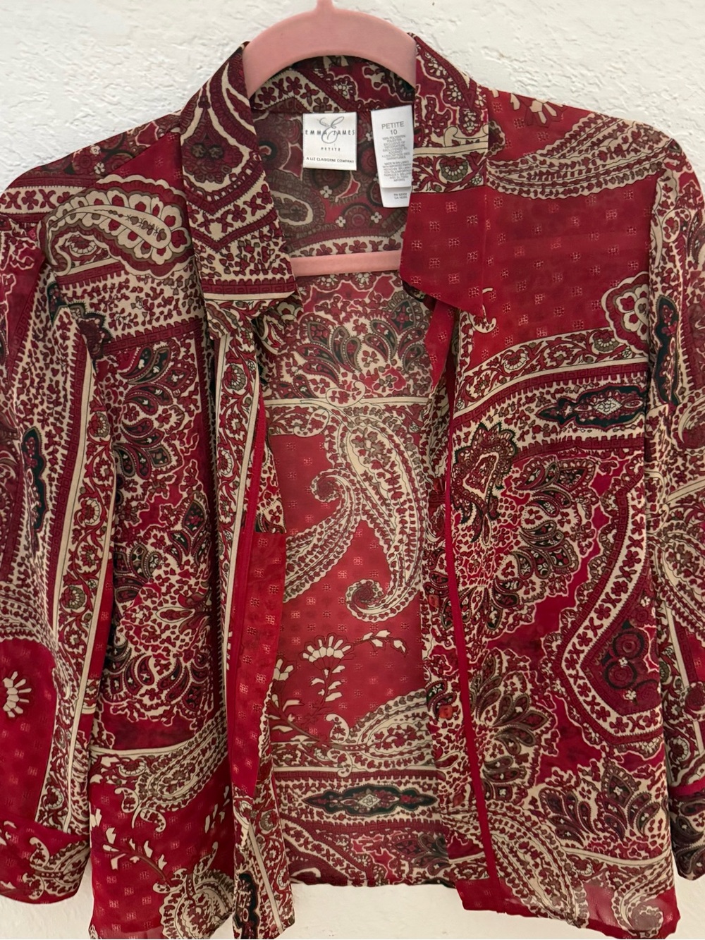 Emma James Burgundy Paisley Button-Front Blouse with Cream Accents